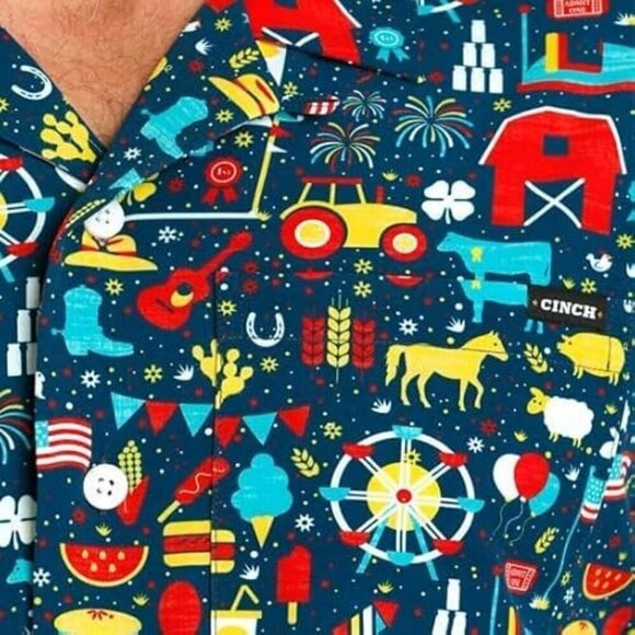 Cinch Men's Short Sleeve Camp Party County Fair Button Up Shirt Navy - Picture 2 of 4